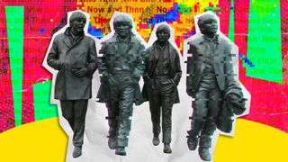 A scrapbook, Punk Pop-Art styling of a statue of The Beatles in Liverpool, England, with John Lennon and George Harrison&#039;s likeness digitized as if holographic.