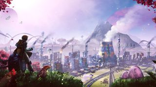 Key art for Satisfactory, showing someone in an alien world overlooking a thriving factory.