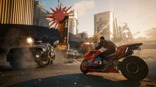 A man on a motorcycle shoots a gun at a truck in Cyberpunk 2077 Phantom Liberty