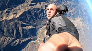 Trevor Jacob selfie after jumping out of a plane