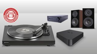 Turntable hi-fi system composite picture on grey background