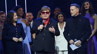 Elton John speaking at a gala event for The Devil Wears Prada in London