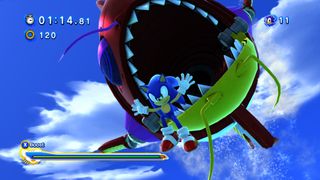 Modern Sonic jumps away from a giant chopper badnik in the Green Hill Zone in Sonic Generations