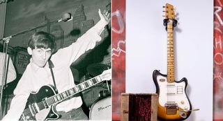 A comped image with a young George Harrison [left] onstage with the Beatles in Hamburg, a Gretsch Duo Jet strapped to his shoulder. On the right is his Futurama electric