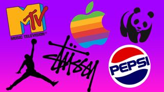 Six of the best logos of the 1980s on a purple and pink gradient background