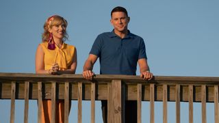 Kelly (Scarlett Johansson) and Cole (Channing Tatum (L-R) standing side-by-side in &quot;Fly Me to the Moon&quot;