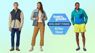 Three models in Patagonia jackets shown standing next to a Holiday Deals badge