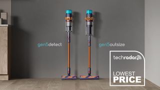 Dyson Gen5detect Complete and Gen5outsize Complete standing against a wall with a TechRadar deals logo overlay for lowest price