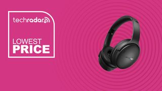 The Bose QuietComfort Headphones on a pink background with text saying Lowest Price.