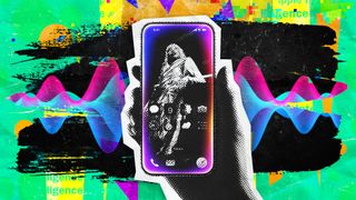 Punk Pop-Art, scrapbook-styled image of a hand holding an iPhone 17 while activating the new Siri mode on a colorful background that includes a Siri-like waveform.