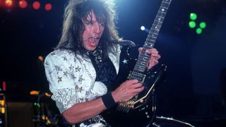 Richie Sambora, lead guitarist for the American hard rock band Bon Jovi, onstage at the Joe Louis Arena, during their Slippery When Wet tour, in Detroit, MI, May 26, 1987. 