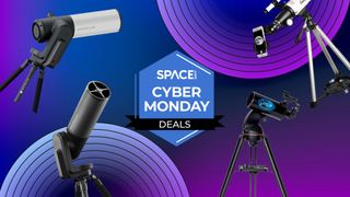 A selection of telescopes around a Space Cyber Monday Deals logo 