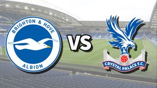 The Brighton &amp; Hove Albion and Crystal Palace club badges on top of a photo of The Amex Stadium in Brighton, England