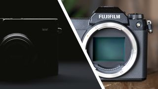 A Fujifilm X-Pro 3 cameras in the shade next to a Fujifilm GFX100S II