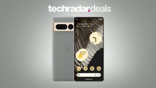 Google Pixel 7 Pro on light grey background with &#039;TechRadar Deals&#039; text