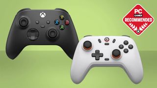 A GameSir Nova Lite and Microsoft Xbox Wireless pair of controllers against a coloured background with a PC Gamer recommended logo