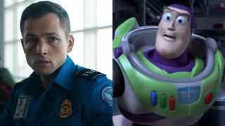 Side by sides of Taron Egerton and Buzz Light year both looking baffled. 