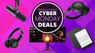 Various tech products on a purple background with the Windows Central Cyber Monday Deals badge.