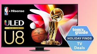 The Hisense U8N Mini-LED TV against a colorful background and next to a badge that reads: &quot;Tom&#039;s Guide Deals - Holiday Finds&quot;