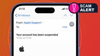 An iPhone on a red and orange background showing a scam phishing email for Apple ID.