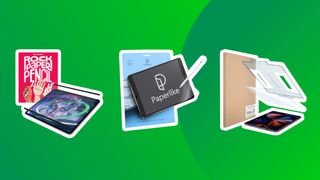 three of the best screen protectors for iPad on a green background