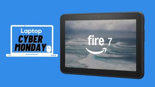 Amazon Fire 7 tablet against a blue background