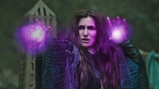 Agatha Harkness using her purple witch-based powers in Agatha All Along, the latest addition to our Marvel movies in order guide