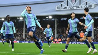 Arsenal players celebrating a goal against Fulham, ahead of the Champions League Arsenal vs Monaco live stream