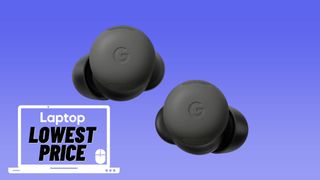 Black Google Pixel Buds and lowest price text against a blue gradient background 