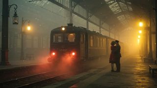 An image generated by Google Imagen 3 of a couple embracing at a train station at night in a vintage style