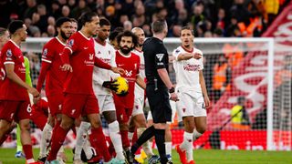 Hannibal of Manchester United reacts during the Premier League match between Liverpool FC and Manchester United at Anfield on December 17, 2023 in Liverpool, United Kingdom. 