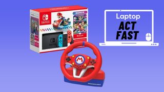 Nintendo Switch Mario Kart 8 Deluxe Bundle with Racing Wheel against blue gradient bnackground