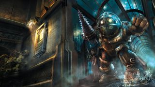 A Big Daddy and Little Sister stand imposingly in a Rapture hallway in BioShock