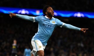 Raheem Sterling celebrates a goal for Manchester City against Borussia Monchengladbach in the Champions League in December 2015.