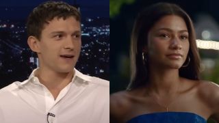 From left to right, Tom Holland talking and looking to his right on The Tonight Show and Zendaya looking forward in Challengers. 