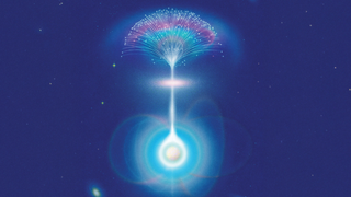 An illustration shows a neutron star blasting out a beam of radio waves from its highly magnetic enviroment