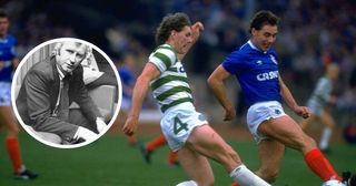 Celtic tackles Ally McCoist (right) of Rangers for the ball during the Skol Cup final match in Scotland. Rangers won the match 2-1