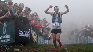 Norway&#039;s Stian Angermund-Vik crosses the finish of the race during the 15th edition of the Marathon of Mont-Blanc