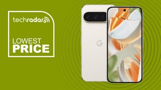 TechRadar Lowest Price banner with Google Pixel 9 Pro in porcelain from front and back showing camera bars and wallpaper on screen