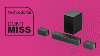 Ultimea Poseidon D50 soundbar, subwoofer and rear speakers on magenta background with the words &#039;TechRadar: Don&#039;t Miss&#039; positioned on the left side of the image