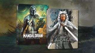 Two covers for home video releases of &quot;The Mandalorian&quot; and &quot;Ahsoka&quot;