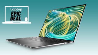 Black Dell XPS 15 laptop against turquoise gradient background