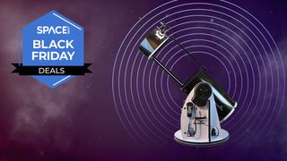 The Sky-Watcher Flextube 400P SynScan in front of a purple starry night background with a rosette that reads Space.com Black Friday deals.