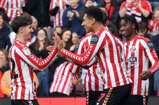 Jobe Bellingham of Sunderland celebrates after he scores the opening goal during the Sky Bet Championship match between Sunderland AFC and Oxford United FC at Stadium of Light on October 26, 2024 in Sunderland, England.