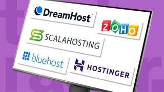 The best email hosting services: Dreamhost, Zoho, Scalahosting, Bluehost and Hostinger&#039;s logo on a desktop screen on a purple background