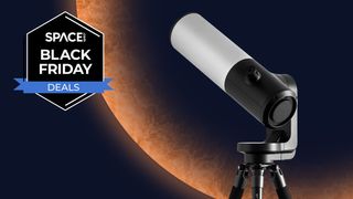 Unistellar eVscope 2 on an orange planet background with a Space Black Friday deals badge.