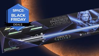 Ahsoka Tano star wars lightsaber package on a planetary background with a space.com black friday icon