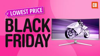 A Philips Evnia 34M2C8600 monitor on a pink background next to text saying Black Friday, lowest price