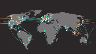 City locations on a map of the world