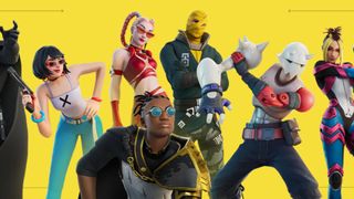 Fortnite screenshot of seven characters against a yellow background